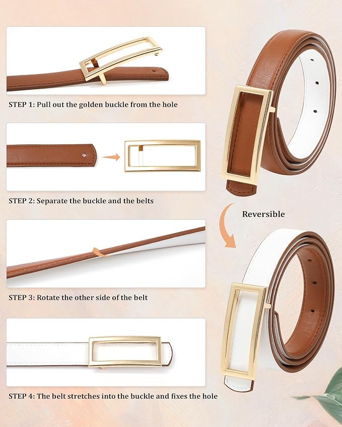 AWAYTR Women Reversible Leather Belt - Two-in-One Women Fashion Skinny Belt for Jeans with Golden Buckle
