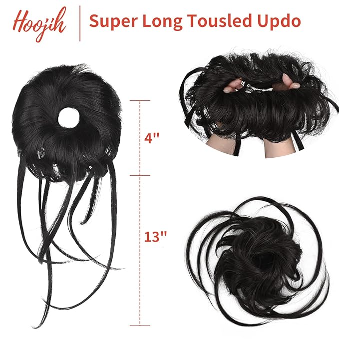 HOOJIH Messy Bun Hair Piece, Super Long Tousled Updo Bun Extensions Wavy Hair Wrap Ponytail Hairpieces Scrunchies with Elastic Hair Band for Women HB007 Grace - Off Black