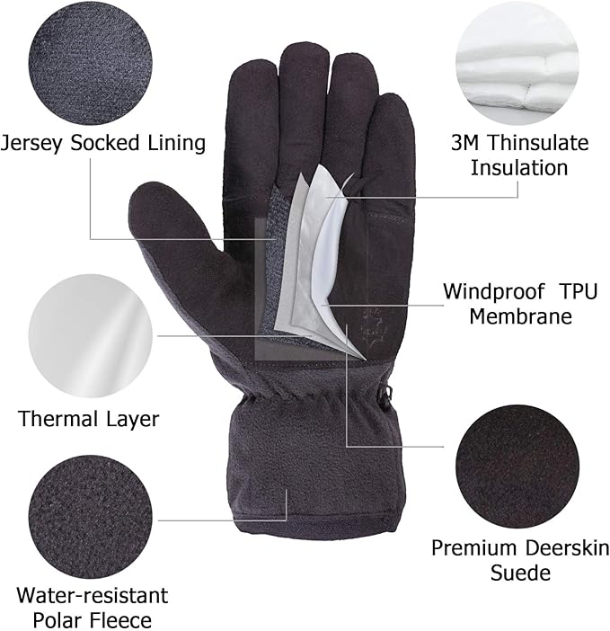 SKYDEER Winter Gloves with Soft Deerskin Suede Leather & Thermal Polar Fleece & Warm 3M Thinsulate Insulation (SD8661T)