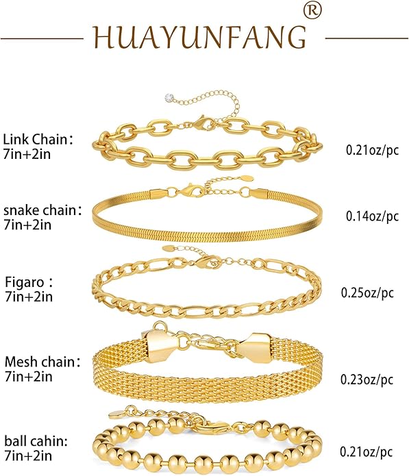 Gold Chain Bracelet Set for Women 14K Gold Plated Bracelets Multi-Layer Stackable Bracelet Dainty Cuban Paperclip Chain Bracelets Pack Jewelry