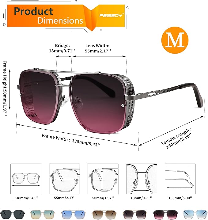 FEISEDY Sunglasses Mens Women Vintage Pilot Square Trendy Metal Steampunk Fishing Driving Sun Glasses B2894
