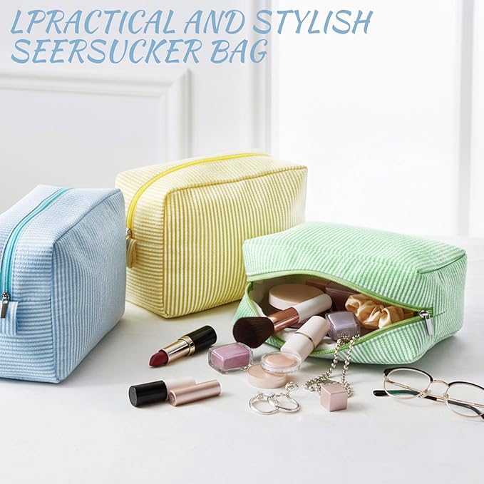 Sanwuta 3 Pcs Seersucker Makeup Bags Seersucker Cosmetic Bags Striped Women Large Travel Toiletry Organizer Preppy Storage Pouch for Embroidery Wedding Bridesmaid Gifts(Yellow, Green, Lake Blue)