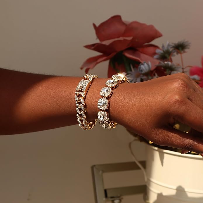 4PCS Gold Bracelets for Women Silver Clustered Tennis Bracelet for Women Heart Round Diamond Cuban Bracelet Layered Link Bracelet Set Fashion Jewelry for Women Set
