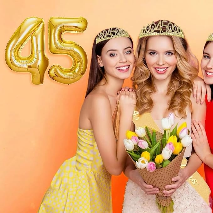 45th Birthday Decorations for Her Girls Set, Include 45th Birthday Crown and 45 Sash, 45th Birthday Cake Topper and 45 Birthday Candles, Gold 45 Balloons, Women 45th Party Supplies(Gold)