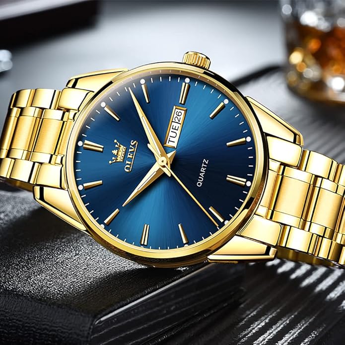 OLEVS Classic Men Watches with Date,Stainless Steel Man Watch with Date, Bussiness Watches for Men,Luminous Quartz Mens Watches Black/White/Blue/Gold, Waterproof Male Watch with Week