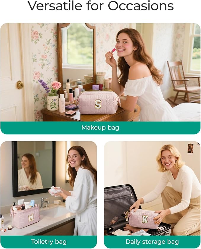 BAGSMART Birthday Gifts Personalized Initial Makeup Bag, Trendy Stuff Gifts for Women Bridesmaid Graduation, Puffy Padded Make Up Bags for Women, Wide-open Toiletry Bag, Pink J