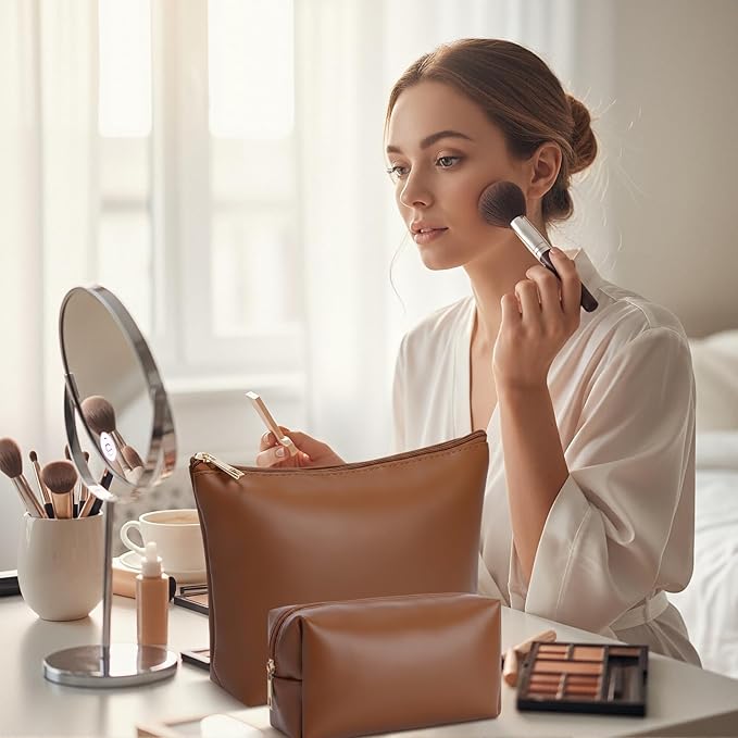 Kigeli 2 Pcs PU Leather Makeup Bag Set for Women Aesthetic Cosmetic Bag Small Toiletry Travel Pouch for Purse Emergency Skincare Organizer Valentine Gifts for Bridesmaid Birthday(Brown)