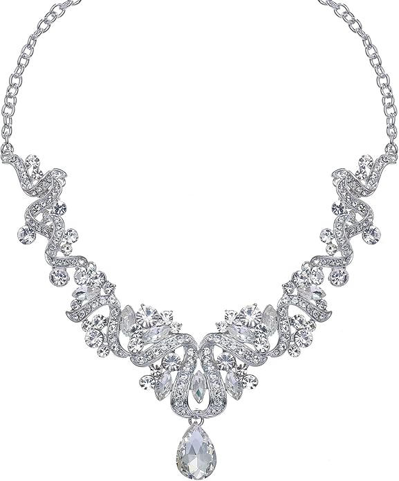 Jewelry Set for Women, Statement Necklace Dangle Earrings Bracelet Ring, White/KC Gold Plated Jewelry Set with Rhinestone Pearl Crystal Wedding Party Jewelry for Bridal Bridesmaid