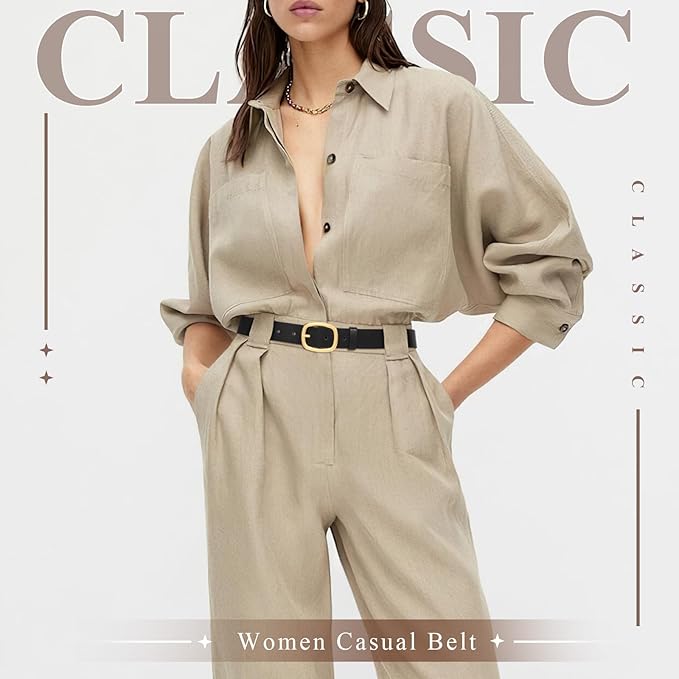 WHIPPY Women Leather Belt Casual Fashion Gold Buckle Leather Waist Belt for Jeans Pants Dresses Chic Ladies Belt
