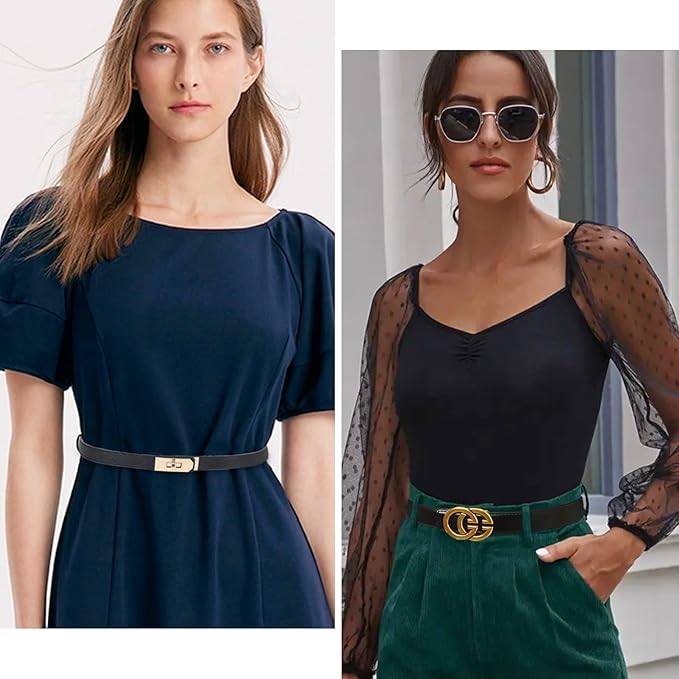 Women's Fashion Classic Metal Buckle Leather Belt with Jeans Dress