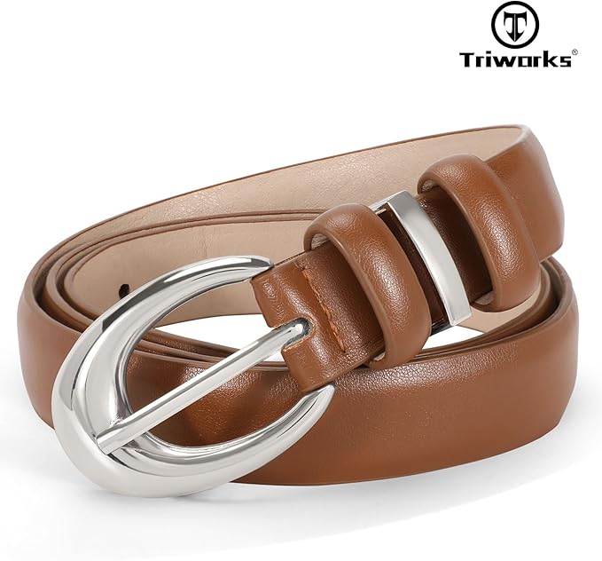 TRIWORKS Women Leather Belt for Jeans Pants Fashion Ladies Skinny Faux Leather Dress belt with Gold Buckle