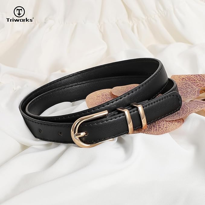 2 Pack Women Skinny Leather Belts for Jeans Pants Thin Faux Leather Belt with Gold Buckle