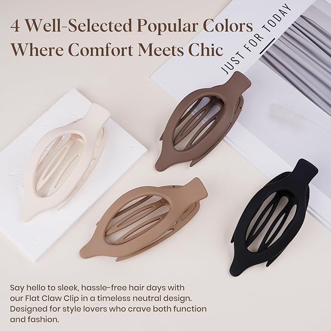 4 PCS Large Flat Hair Clips for Women Girls, French Concord Lay Down Claw Clips for Thick Thin Hair, Comfortable Curved Flat Hair Clips, Matte Non-slip Strong Hold Hair Accessories, Neutral