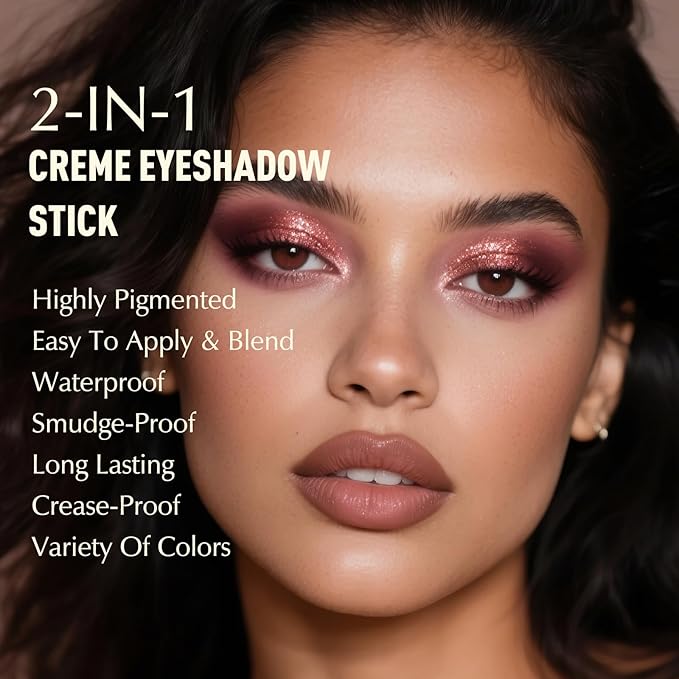 Dusty Rose Shimmer Eyeshadow Stick, Cream Eyeshadow Long-Lasting Crease-Proof Neutral Glitter Eye Shadow Eyeliner Pencil High Pigmented Highlighter Makeup with Blending Brush
