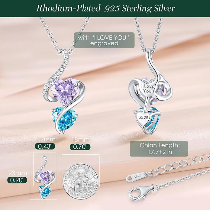 LOUISA SECRET Unique Double Heart Necklace Gifts for Wife Women, 925 Sterling Silver Tiny Birthstone Pendant Jewelry Gift for Her Girlfriend Mom Valentine's Day Anniversary Mother's Day Birthdays & Christmas