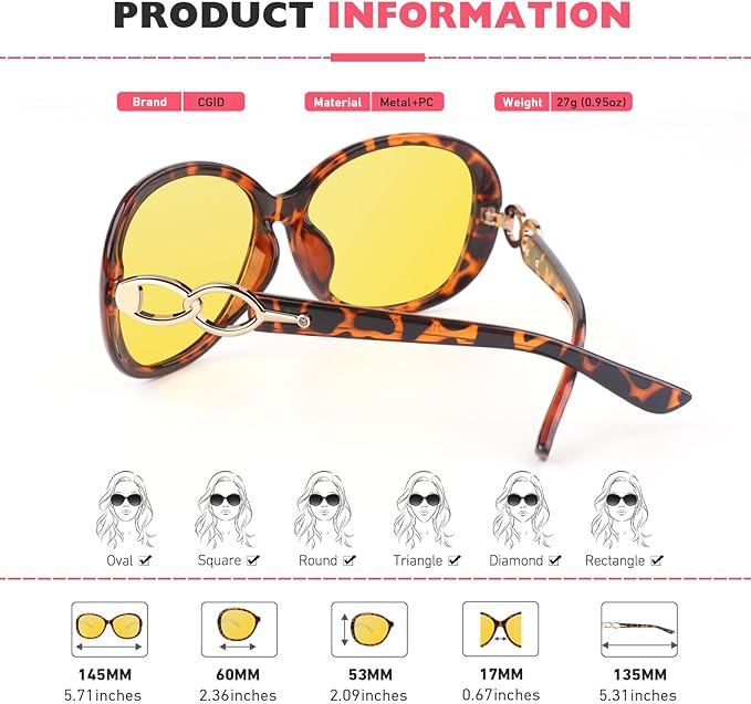 CGID Night Driving Glasses Women,Anti Glare Polarized Nighttime Vision Yellow Trendy Oversized Lens UV400,Tortoise