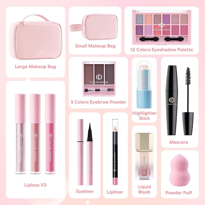 Color Nymph Makeup Sets for Women Teen Girls with 2-in-1 Travel Handbag, All In One Makeup Kits Full Kit Includes Eyeshadow Lipgloss Eyebrow Powder Highlighter Blush Mascara Eyeliner Lipliner & Puff