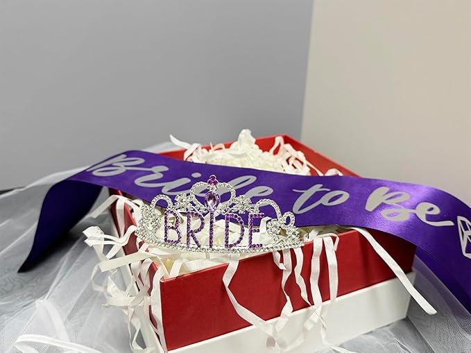 JETKONG 3 Pcs Bachelorette Party Decorations "BRIDE" Crown, Bride to Be Sash&Veil for Women Bachelorette Party Gifts, Bridal Shower Supplies, Gifts, Favors (Purple)