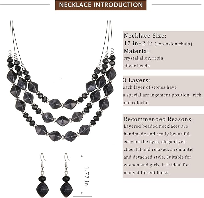 3 Layered Chunky Statement Necklace for Women Beaded Strand Necklaces with Earring Fashion Costumes Collar Necklace Jewelry Sets Gifts for Women