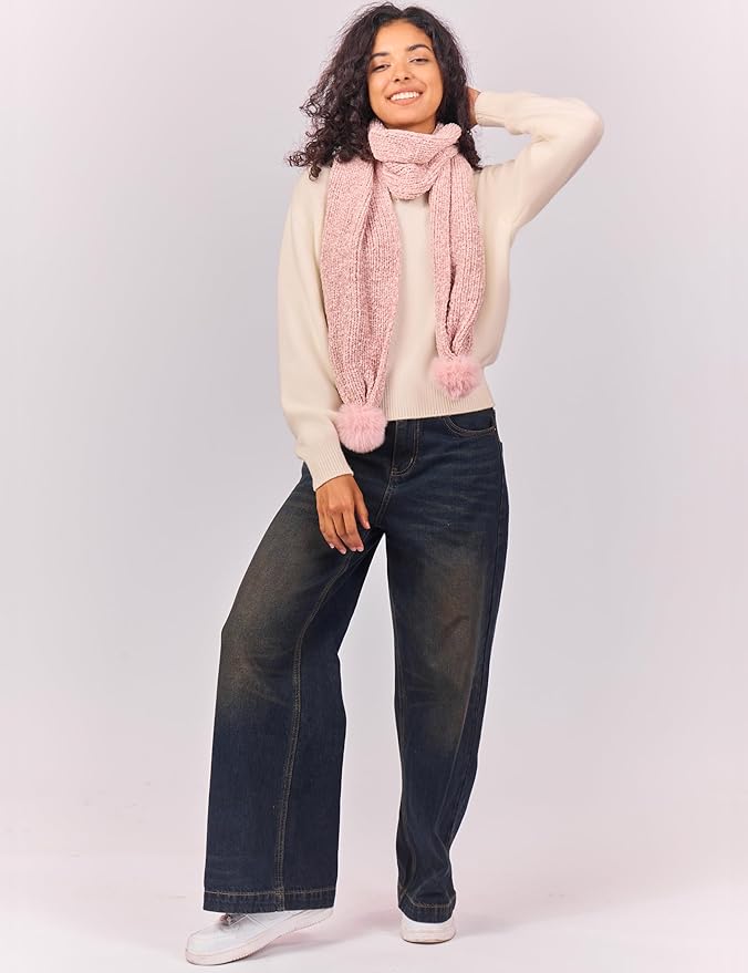 Womens Chenille Scarf with Pompom Winter Knit Warm Scarves for Cold Weather with Gift Box