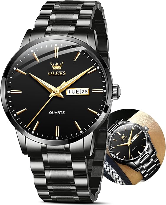OLEVS Classic Men Watches with Date,Stainless Steel Man Watch with Date, Bussiness Watches for Men,Luminous Quartz Mens Watches Black/White/Blue/Gold, Waterproof Male Watch with Week
