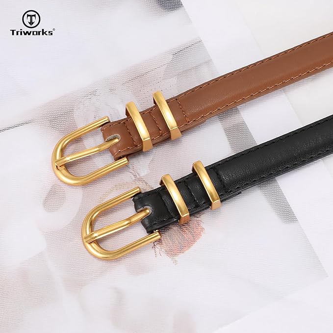 2 Pack Women Skinny Leather Belts for Jeans Pants Thin Faux Leather Belt with Gold Buckle