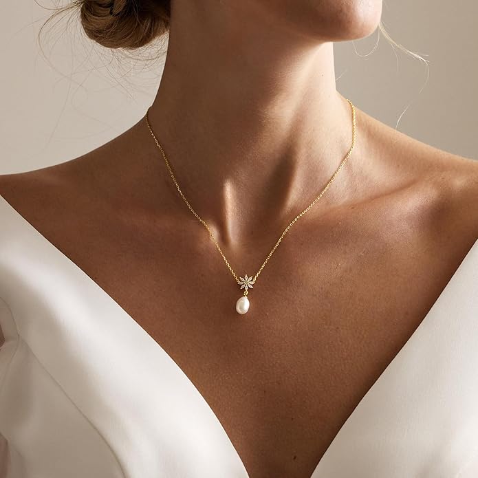 Valentines Day Gifts for Her - 14K Gold Plated Pearl Necklaces for Women Trendy Dainty Necklace Simple Layered Pearl Necklaces for Women Trendy Wedding Birthday Valentines Jewelry