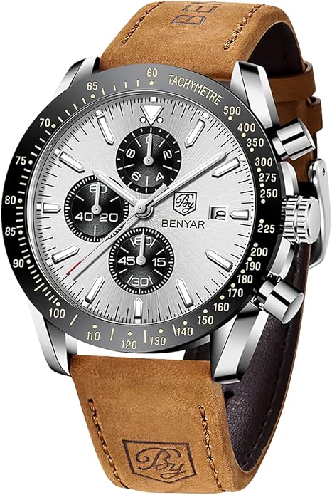BY BENYAR Watch for Men Analog Quartz Chronograph Waterproof Luminous Designer Mens Wrist Watches Business Work Sport Casual Dress Watch with Silicone Strap Elegant Gifts for Men