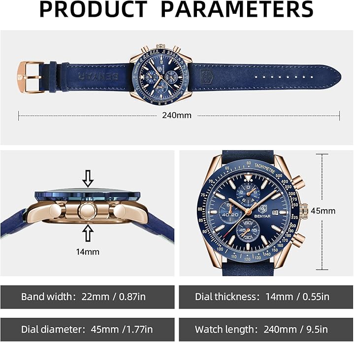 BY BENYAR Watch for Men Analog Quartz Chronograph Waterproof Luminous Designer Mens Wrist Watches Business Work Sport Casual Dress Watch with Silicone Strap Elegant Gifts for Men