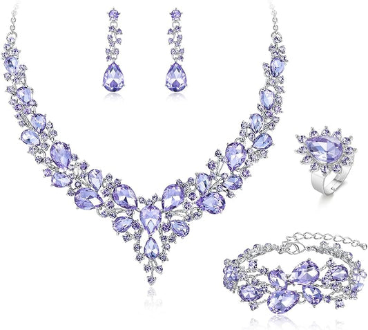 BriLove Wedding Bridal Jewelery for Women Austrian Crystal Teardrop Cluster Statement Necklace Dangle Earrings Link Bracelet Set