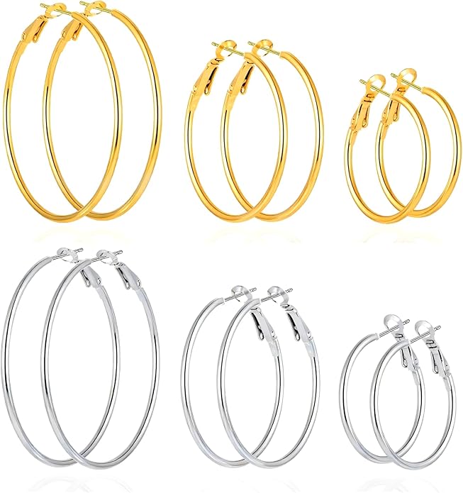 4/5/6 Pairs Stainless Steel 30/40/50/60/70 mm Silver 14K Gold Hoop Earrings for Women Hypoallergenic Big Thin Lightweight Dangle Set