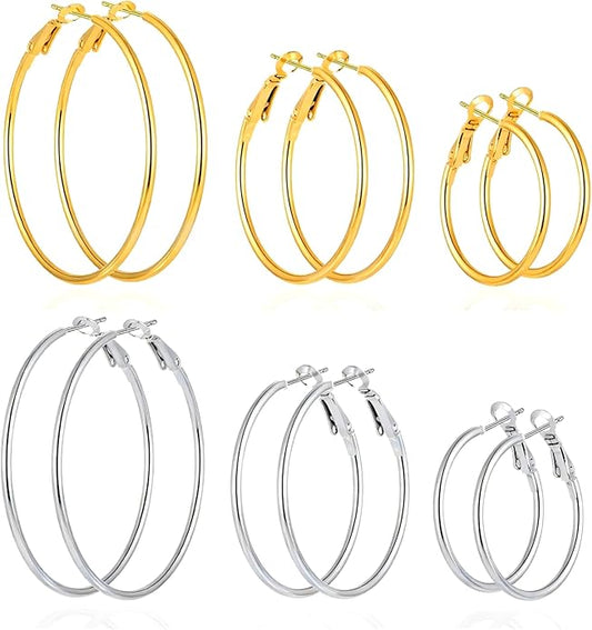 4/5/6 Pairs Stainless Steel 30/40/50/60/70 mm Silver 14K Gold Hoop Earrings for Women Hypoallergenic Big Thin Lightweight Dangle Set