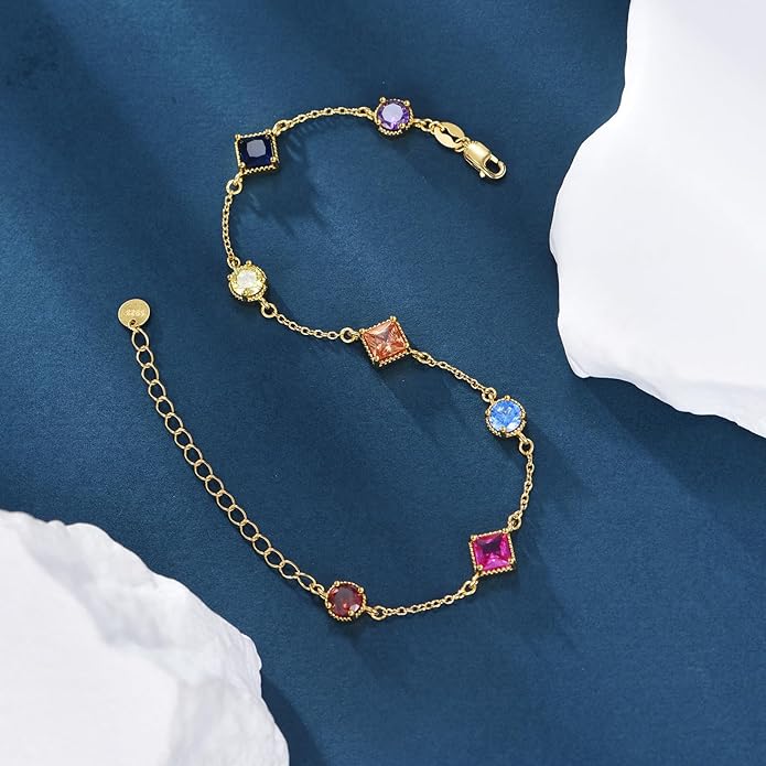 Birthstone Bracelet for Women, 925 Sterling Silver Plated 18k Gold Round/Square-Cut 5A Colored Cubic Zirconia Bracelet, Exquisite Jewelry Anniversary Birthday Gift for Wife Mother 7+2 "
