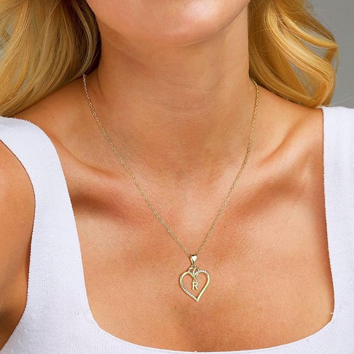 STORUP Gifts for Women Teen Girls - Heart Initial Necklaces for Women Girls, 14K-Gold-Plated Cubic Zirconia Initial A-Z Pendant Dainty Heart Necklaces for Teen Girl Jewelry Birthday Gifts