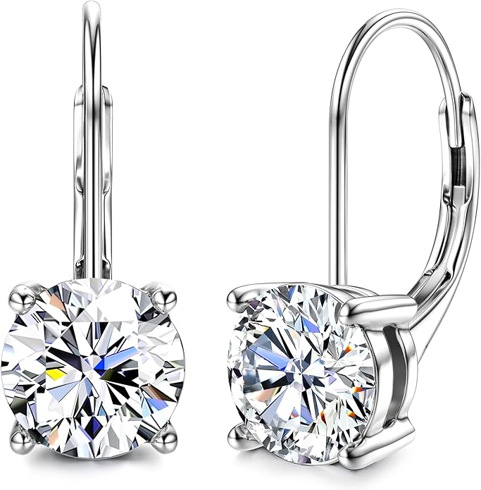 Moissanite Earrings,1.0ct-2.0ct D Color Brilliant Round Cut Earring 18K White Gold Plated Sterling Silver Dangle Earrings Moissanite Leverback Drop Earring s