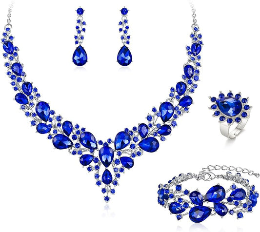 BriLove Wedding Bridal Jewelery for Women Austrian Crystal Teardrop Cluster Statement Necklace Dangle Earrings Link Bracelet Set