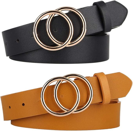 UnFader Pack 2 Women Belts for Jeans with Fashion Double O-Ring Buckle and Faux Leather