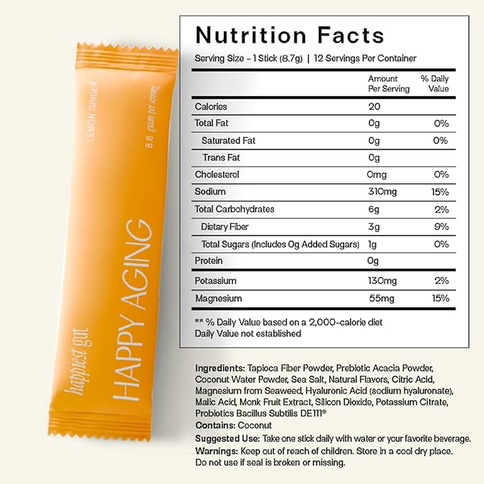 Happy Aging Happiest Gut Hydration Powder – Electrolytes + Probiotics + Dual Prebiotics + Hyaluronic Acid – Gut Balance, Skin Hydration & Daily Wellness – 12 Sticks (Lemon Ginger)