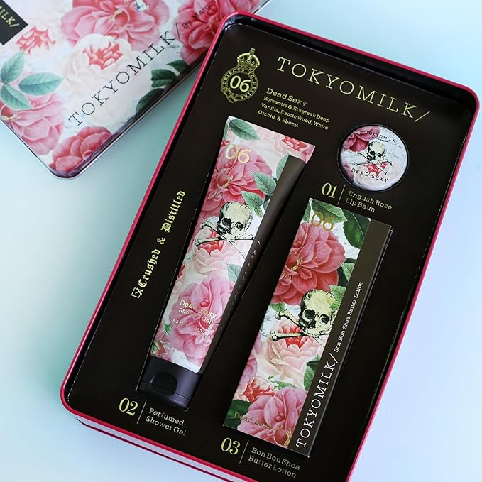 TOKYOMILK Dead Sexy Gift Set Tin – Deep Vanilla, Exotic Wood, White Orchid, Ebony – Romantic & Ethereal, Embossed Tin, Perfumed Shower Gel, Shea Butter Handcreme & Nourishing Lip Balm