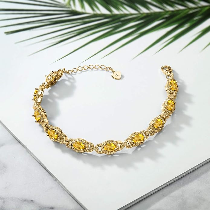 Gem Stone King 18K Yellow Gold Plated Silver Oval Gemstone Birthstone Tennis Bracelet For Women | Oval 6X4MM | 7 Inch With 1 Inch Extender | Fine Jewelry Gifts for Her Mom Women Wife