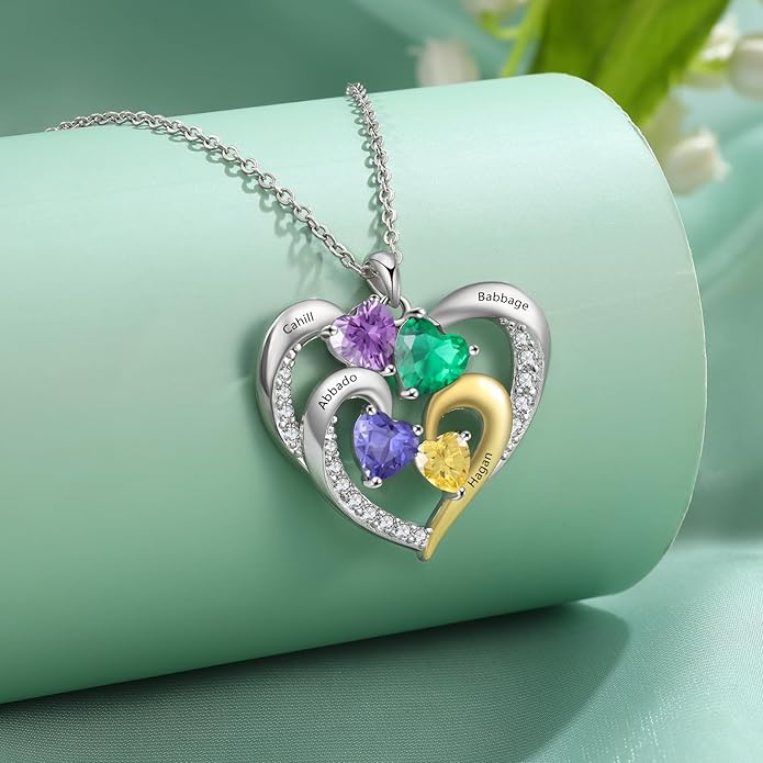 GLAMCARAT Personalized mothers necklace with birthstones names sterling silver jewelry for women customized engraved necklace