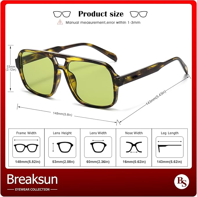 Retro Aviator Sunglasses for Women Men Trendy Classic 70s Square Aviator Sun Glasses Vintage Shades