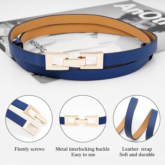 Glamorstar Skinny Belts for Women Thin PU Leather Waist Belt with Gold Buckle for Dresses