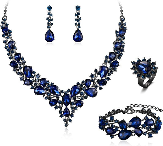 BriLove Wedding Bridal Jewelery for Women Austrian Crystal Teardrop Cluster Statement Necklace Dangle Earrings Link Bracelet Set