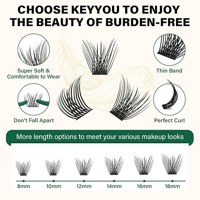 KEYYOU Lash Clusters 144pcs Individual D Curl 18mm Air Touch Cluster Lashes Super Lightweight Soft Wispy Comfortable Easy DIY at Home