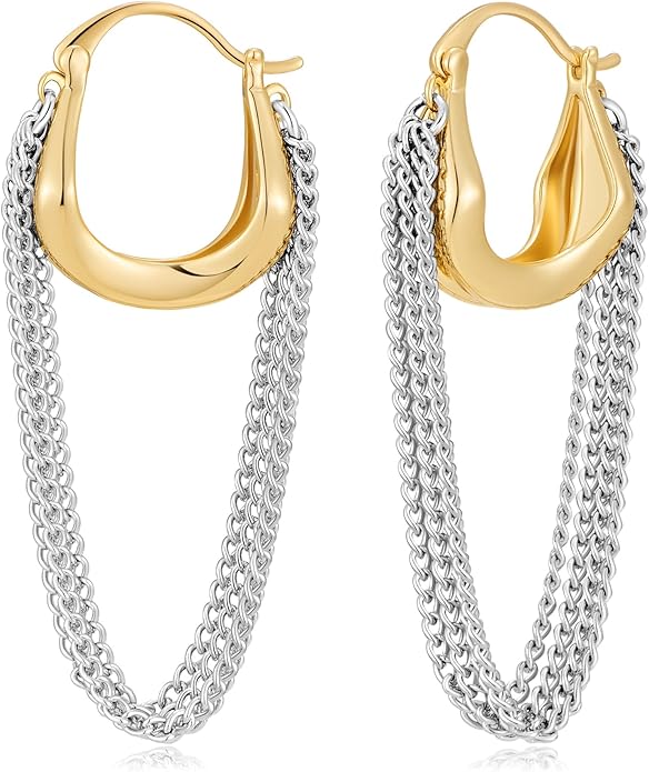 Tassel Chain Hoop Earrings for Women Trendy Two Tone Dangling Chain Earrings Hypoallergenic Fashion Jewelry Gifts