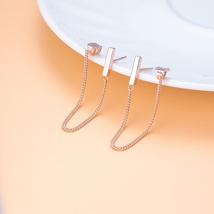 Reffeer Solid 925 Sterling Silver Stud Earrings Minimalist Bar Earrings with Chain Dangle Earrings For Women