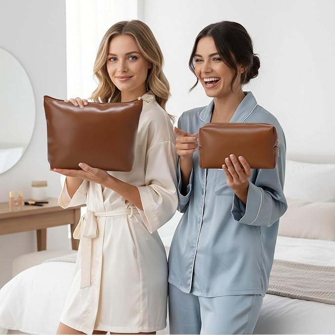 Kigeli 2 Pcs PU Leather Makeup Bag Set for Women Aesthetic Cosmetic Bag Small Toiletry Travel Pouch for Purse Emergency Skincare Organizer Valentine Gifts for Bridesmaid Birthday(Brown)