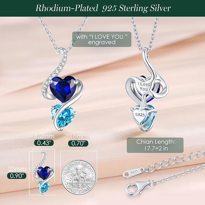 LOUISA SECRET Unique Double Heart Necklace Gifts for Wife Women, 925 Sterling Silver Tiny Birthstone Pendant Jewelry Gift for Her Girlfriend Mom Valentine's Day Anniversary Mother's Day Birthdays & Christmas