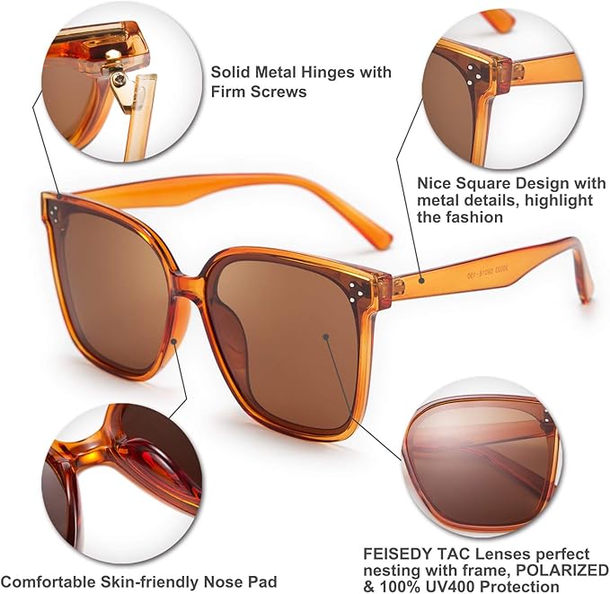 FEISEDY Oversized Polarized Sunglasses - UV400 Protection, Square Fashion Sun Glasses for Outdoor & Daily B2600